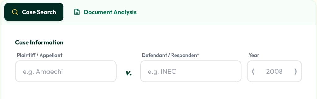 Case search with plaintiff, defendant, and year fields