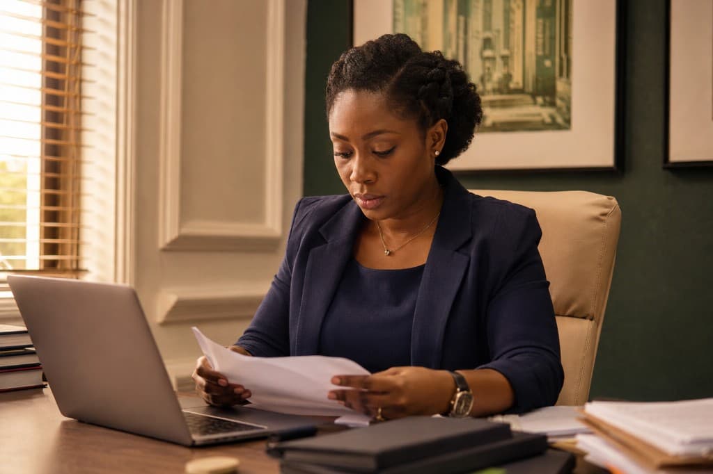 Nigerian lawyer reviewing case documents in chambers